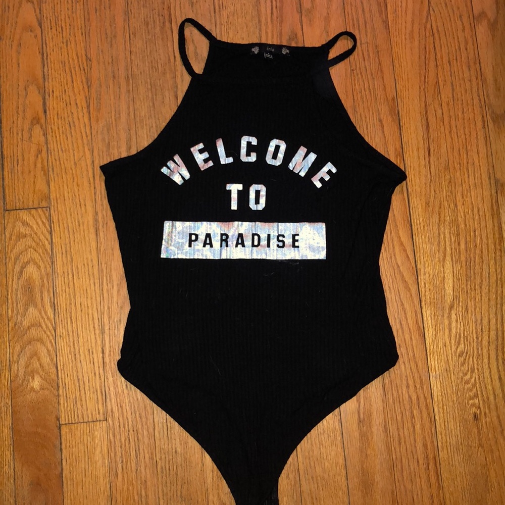 NWOT Black Bodysuit with Metallic Silver Lettering